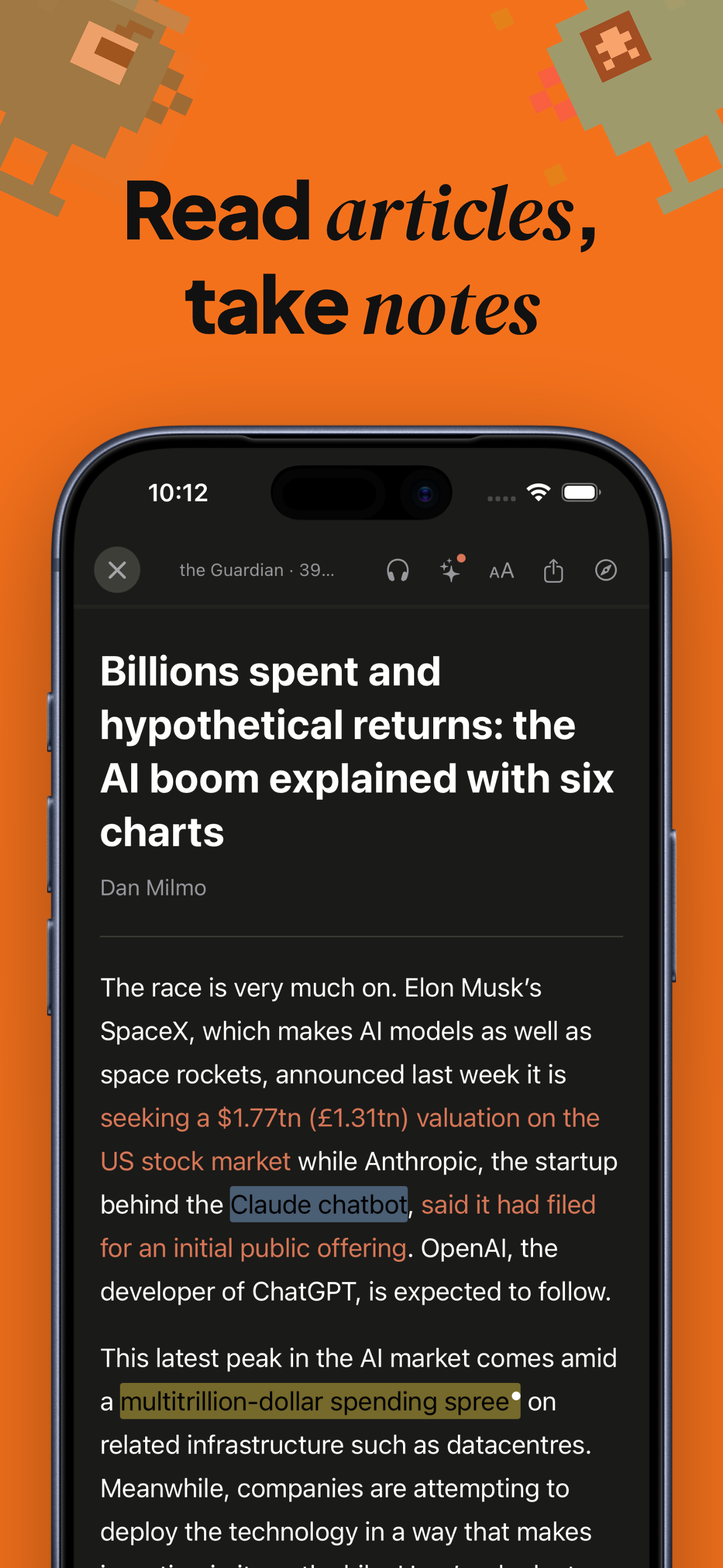 Article reader with inline highlights and notes