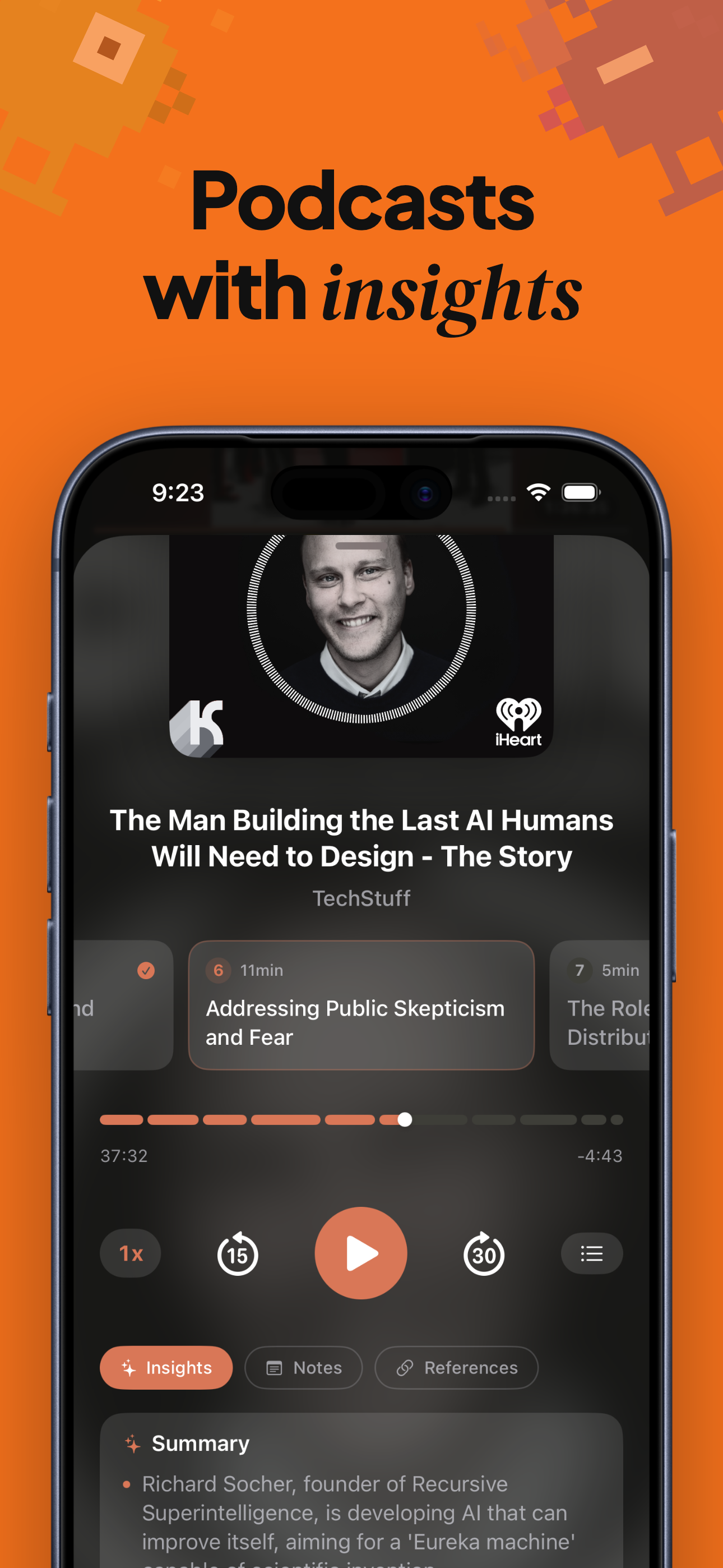 Podcast player with chapters, AI insights and notes