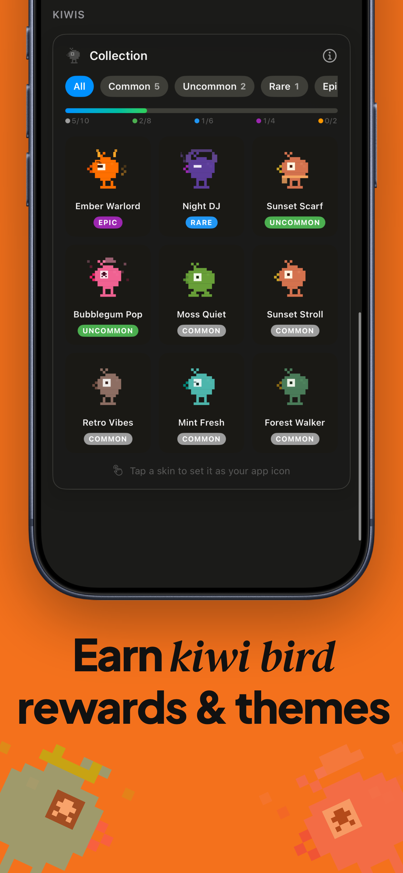Kiwi collection with rarity tiers and app-icon themes