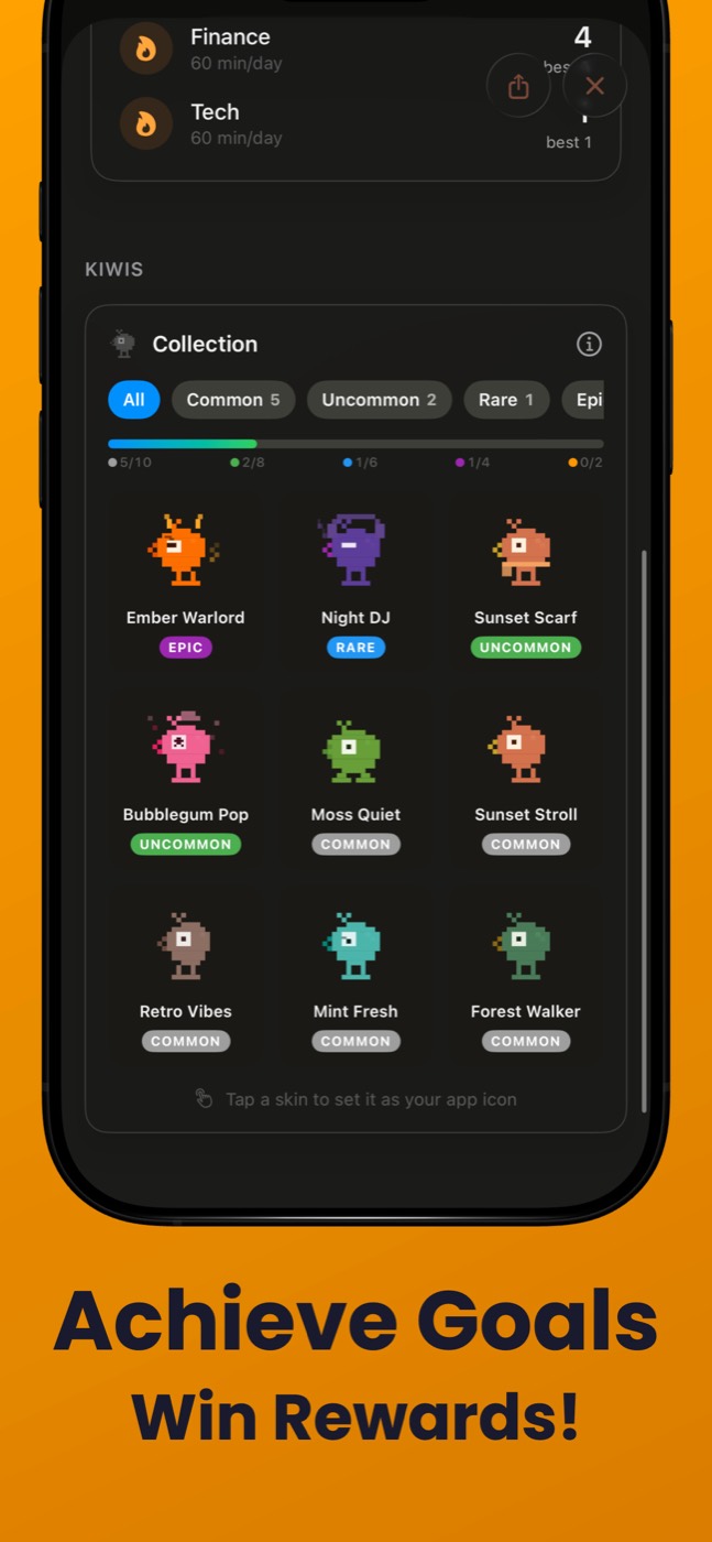 Collectible Kiwi skins earned from goals