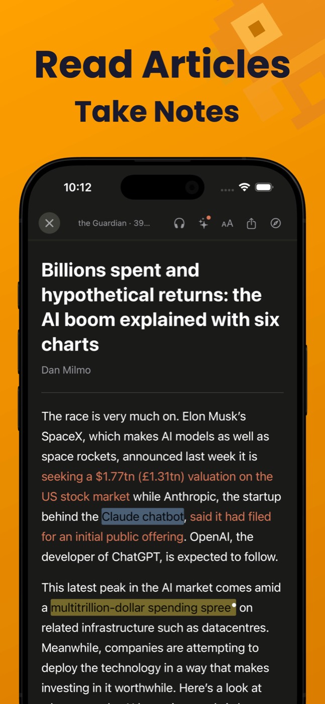 Article reader with inline highlights